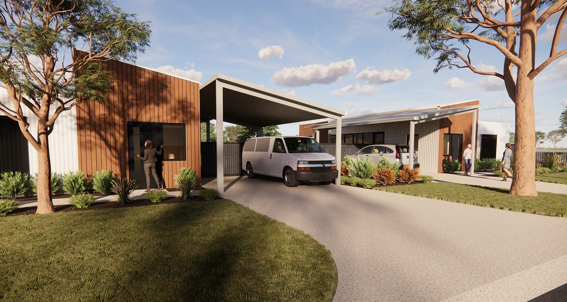 A render of the Wonthella property driveway with a van parked under cover.