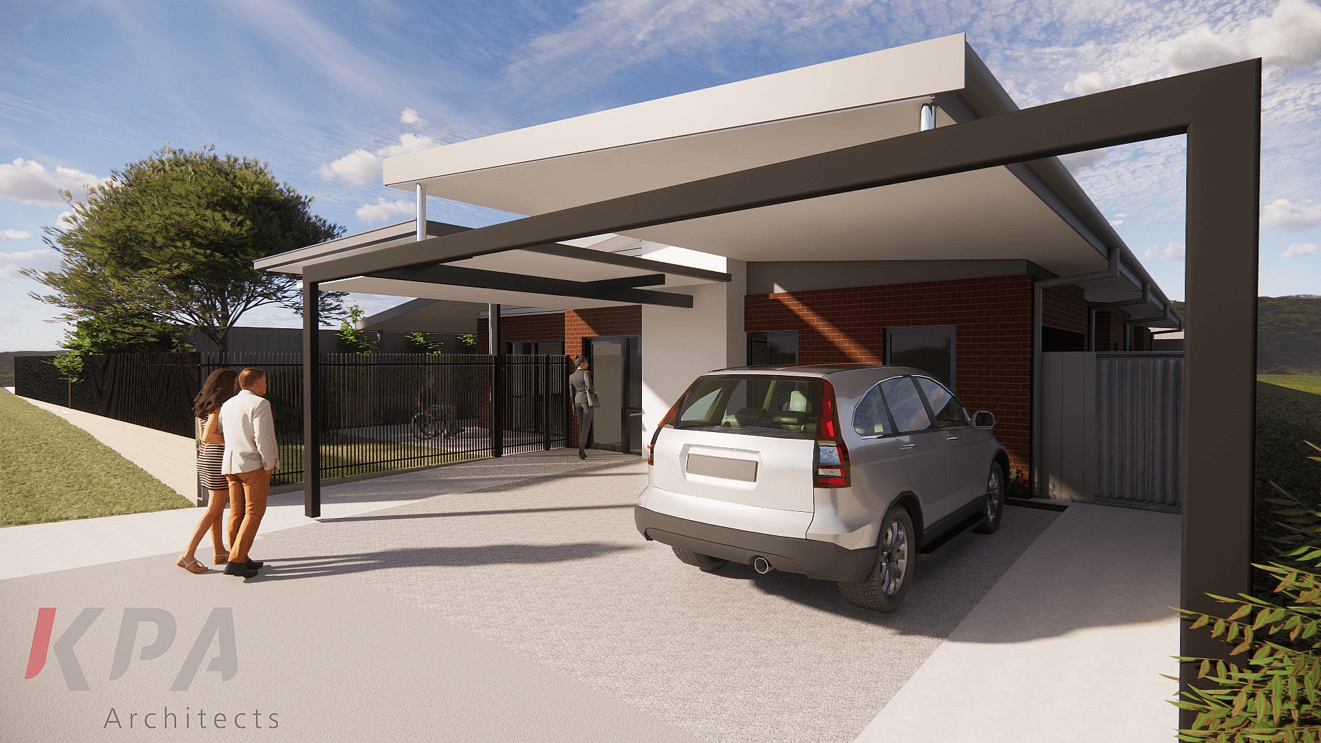 A render of the Lancing Way Balga house with a couple walking into the driveway and a car under cover in the driveway.