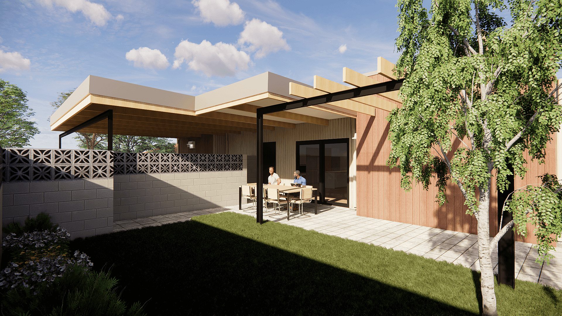 A render of the backyard of the Gosnells property with 2 people sitting down.