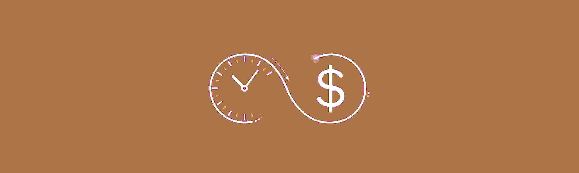 A graphic illustration of a clock and a dollar sign in an infinity sign - it symbolises time and money.