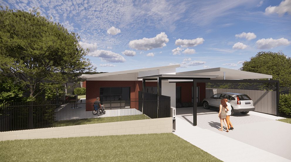 A render of the Balga property, with a couple walking down the drive way.