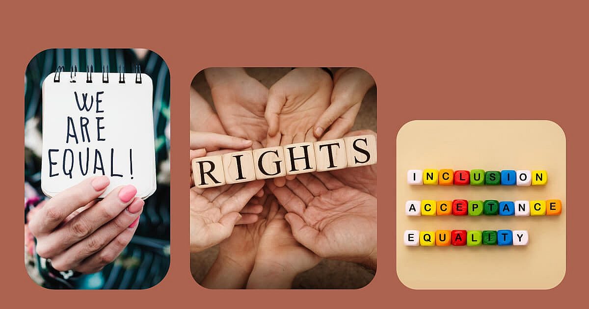 A graphic poster with 3 images repeated in a grid pattern, the first one with a notepad and the text 'We are equal!' written on it. The second image has a bunch of hands holding some blocks with the text 'Rights' written on them. The final image is a group of coloured blocks with the text 'Inclusion, Acceptance, Equality' written on them.