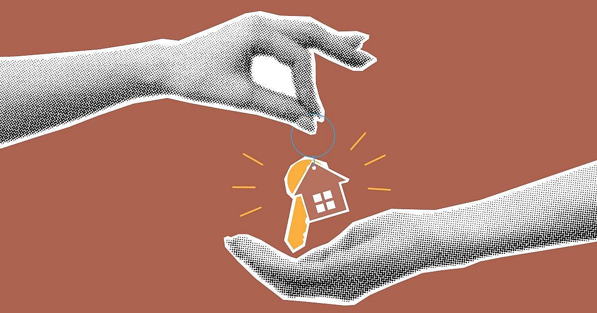 A graphic poster with two hands holding a set of keys.