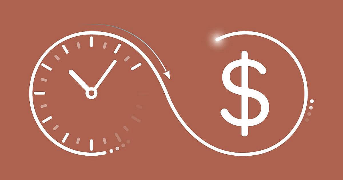 A graphic illustration of a clock and a dollar sign in an infinity sign - it symbolises time and money.
