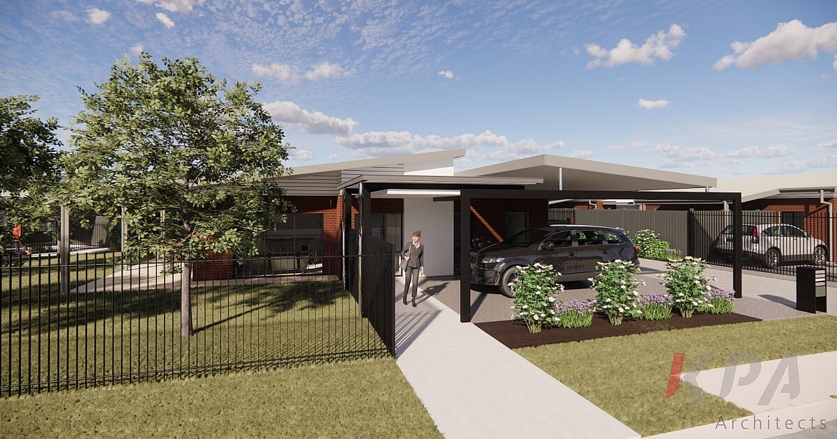 A render of the Whiting home, showing a footpath and a person walking.