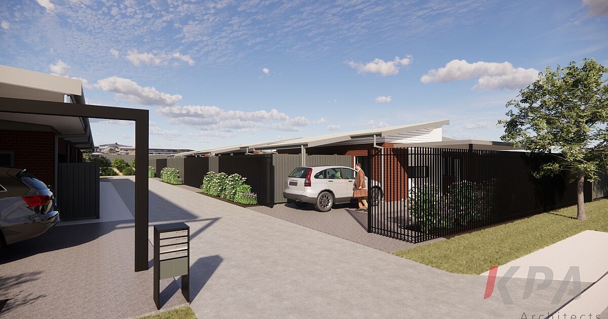 A render of the Whiting villas, showing a large road.